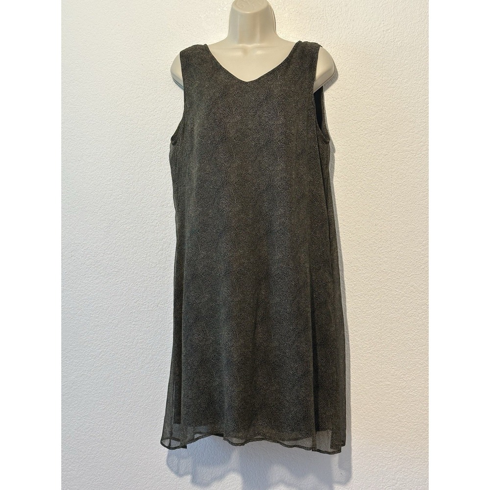 Robbie Bee Womens 14 Black‎ Tan 100% Silk Sleeveless Swirl Print Shift Dress